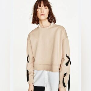 Zara Basics size medium tan lace up ribbon sleeve cropped sweatshirt